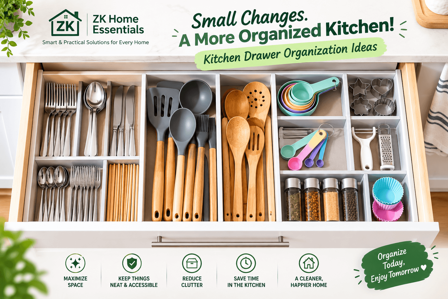 Kitchen drawer organization ideas with dividers, utensils and kitchen essentials