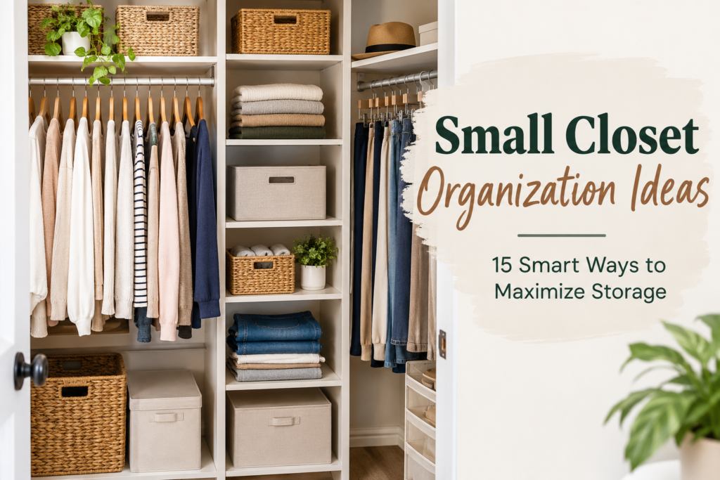 Small closet organized with neutral clothing, folded sweaters, woven baskets, and storage bins
