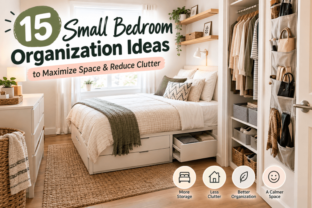 15 small bedroom organization ideas to maximize space and reduce clutter, featuring under-bed storage, closet organization, shelves, and space-saving bedroom solutions.