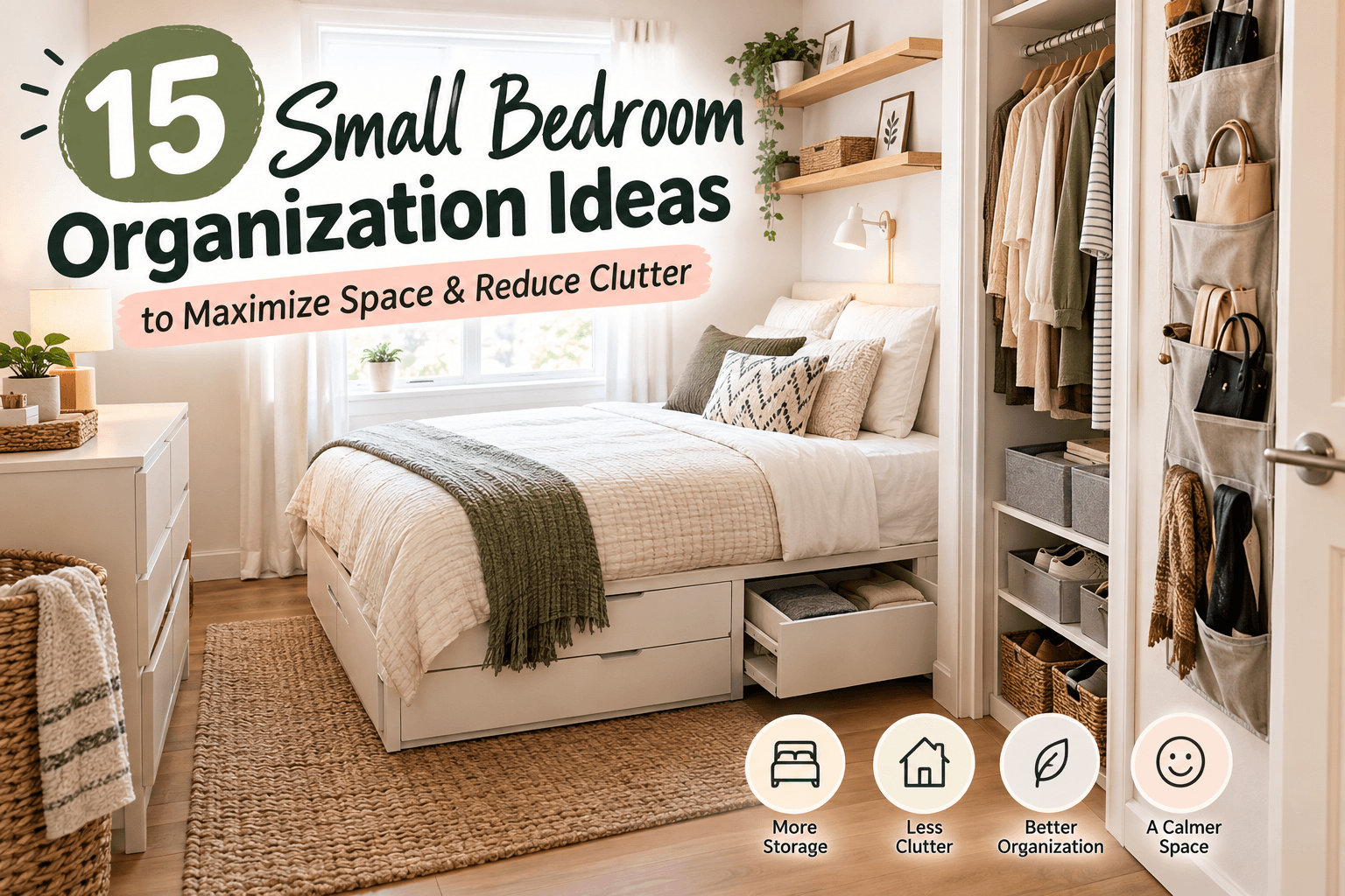 15 small bedroom organization ideas to maximize space and reduce clutter, featuring under-bed storage, closet organization, shelves, and space-saving bedroom solutions.