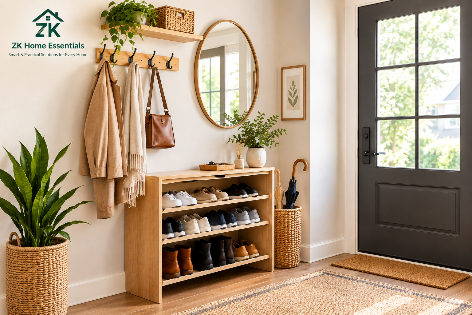 Small entryway organization with a shoe rack, wall hooks, and storage