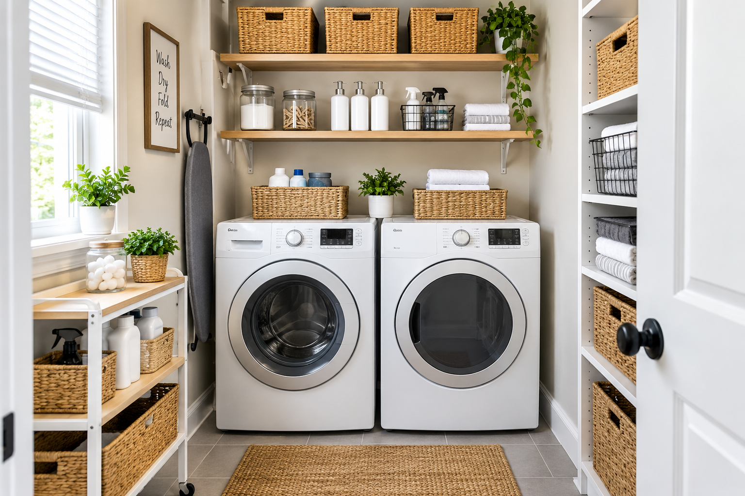 Small laundry room with organized shelves, laundry baskets, and space-saving storage