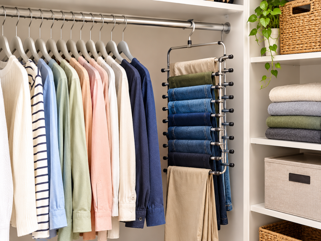Clothes arranged on slim hangers to maximize space in a small closet